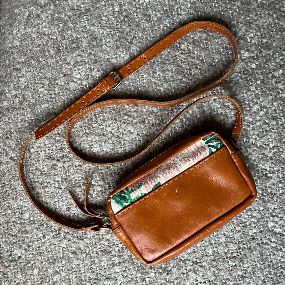 JOYN small crossbody purse, leather with floral fabric. Ethically made!!